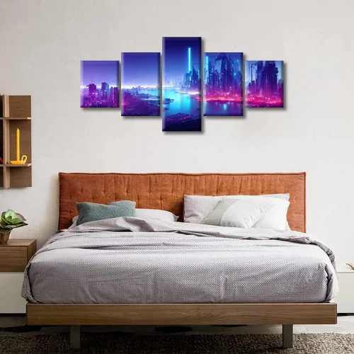 Vista 363 de Cuadros de 5 paneles de Cyberpunk City, arte de pared, representación de vallas publicitarias, edificios modernos en la capital con obras de arte