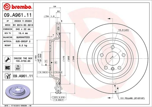 Vista 2 de Brembo 09.A961.11 pilar recubierto ULTRAVIOLETA ventiló el rotor del freno trasero BRABUS/MERCEDES-BENZ OE# A1664230212