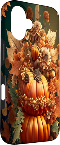 Vista 3 de iPhone 16 Vintage hojas caídas otoño calabaza especia feliz otoño caso