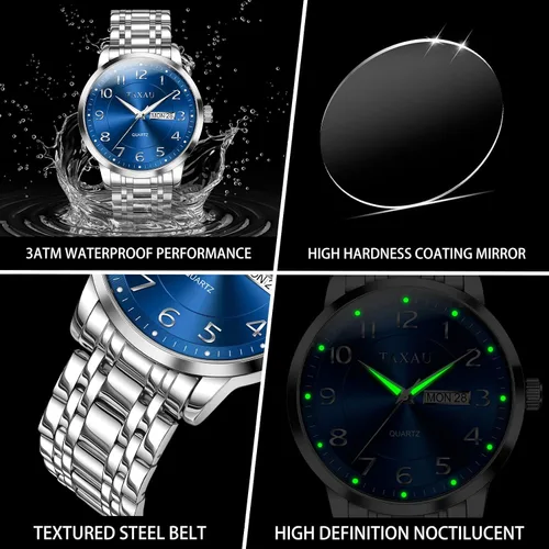 Vista 4 de Relojes de vestir para hombre, reloj analógico impermeable con fecha de día, reloj de pulsera de acero inoxidable de lujo con números arábigos