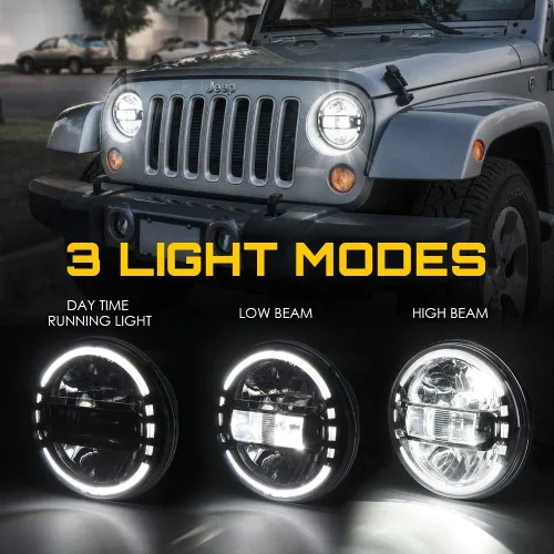 Vista 3 de Xprite Faros LED redondos de 7" compatibles con Jeep Wrangler JK JKU LJ CJ TJ 1997-2018, Hummer H1 H2, faros con anillo de halo aprobados por DOT