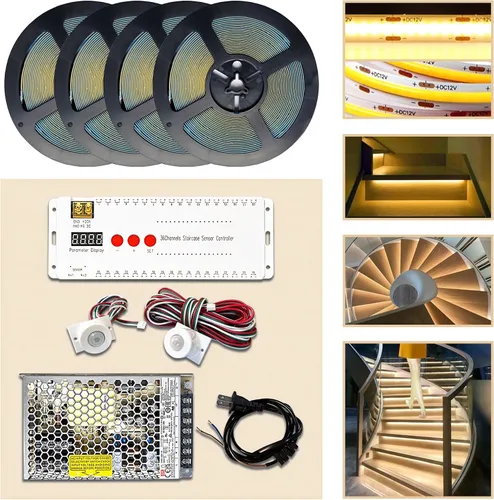 Vista 8 de Luz de escalera de color con sensor bidireccional de agua que fluye, sensor de movimiento, controlador LED, tira de luz flexible de 12 V, 16.4 pies