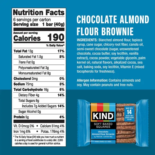 Vista 2 de KIND Cuadrados horneados suaves, brownie de harina de almendras y chocolate, sin gluten, barras de aperitivos saludables, 0.18 onzas de proteína, 6