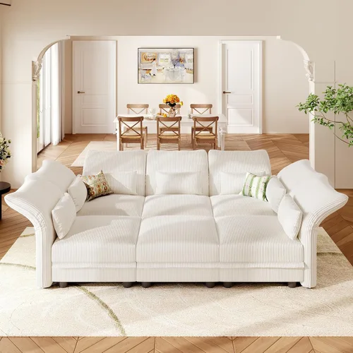 Vista 3 de LLappuil Sofá seccional beige con almacenamiento, sofás modulares de pana para sala de estar con apoyabrazos ajustables, cojines de felpa gruesos, 6