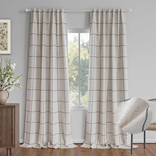 Vista 17 de MYSKY HOME Cortinas de Lino a Cuadros 100% Opacas de 45 Pulgadas de Largo de Doble Capa Estilo Granja con Aislamiento Térmico Estampado a Cuadros