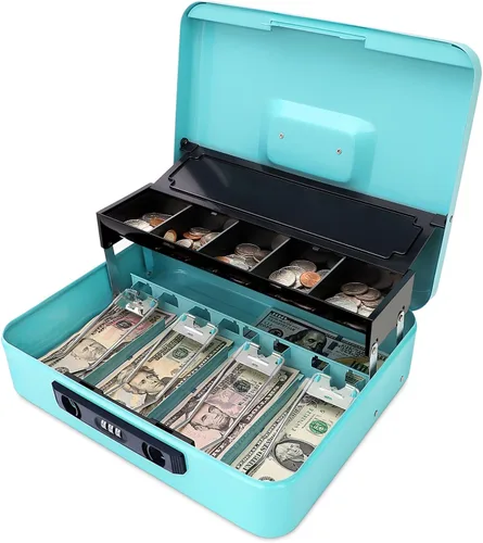 Vista 21 de Jssmst - Caja de efectivo de metal grande con bandeja de dinero,Caja de bloqueo