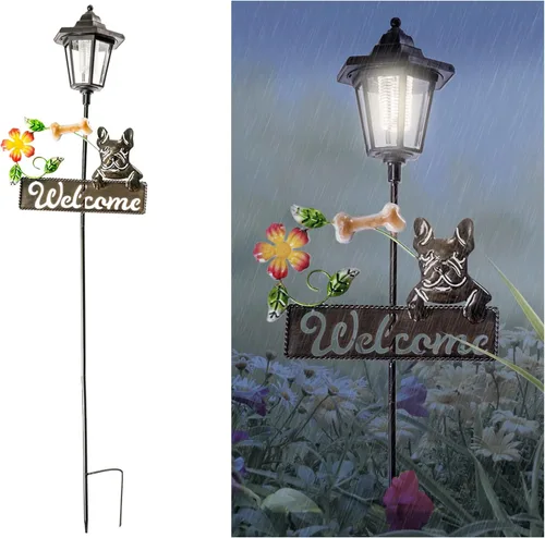 Vista 2 de Crosslight Letrero de bienvenida LED solar de Bulldog Francés, luz de estaca de jardín resistente a la intemperie para decoración al aire libre