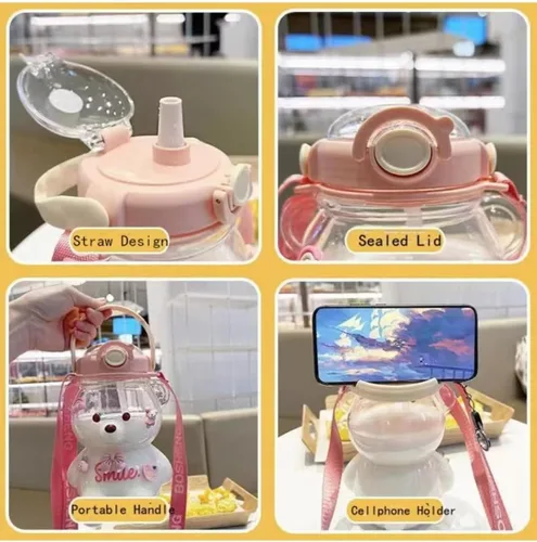 Vista 2 de Botella de agua Kawaii Bear a prueba de fugas con correa de hombro ajustable y extraíble para niños y niñas (café)