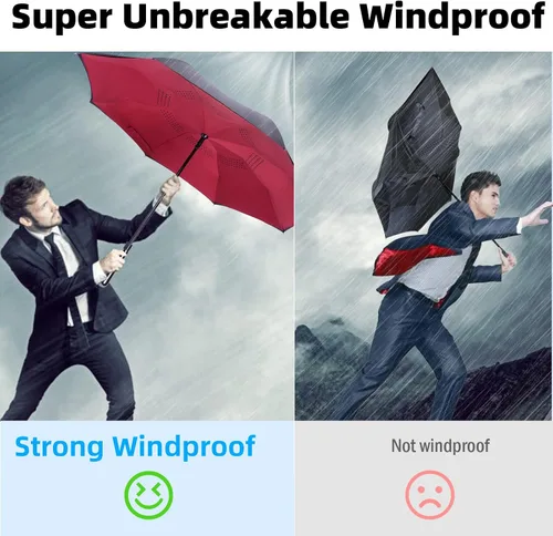 Vista 2 de LFLFWY Inverted Reverse Upside Down Umbrella - 49 inch AutoManual Open Large Double Canopy Design Windproof Stick Umbrellas rain Waterproof Golf