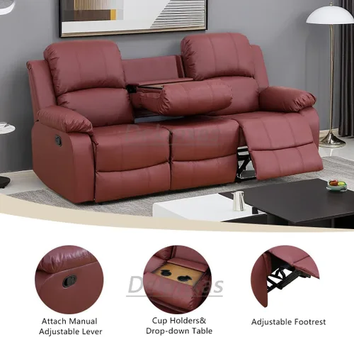 Vista 5 de Juego de sala de Estar reclinable de 3 piezas, juego de sofá reclinable Manual para conjunto de muebles de sala de Estar, con consola de Rojo