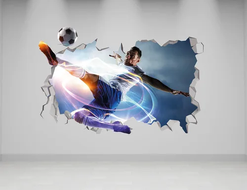 Vista 2 de Decoración de pared de fútbol 3D, calcomanías de jugador de fútbol, arte de pared deportivo, decoración de habitación de niños de fútbol
