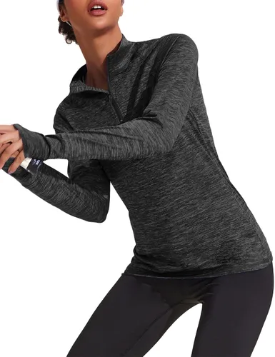 Vista 9 de ELESOL Camiseta de manga larga para mujer, con protección UPF 50+, para yoga, con agujero para pulgar, para entrenamiento, con cremallera de un