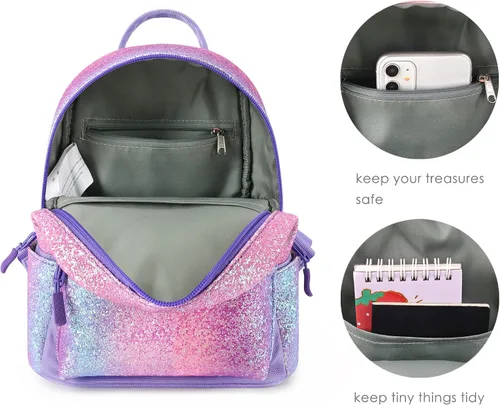 Vista 5 de mibasies Mini mochila para niñas y niños, bolso arcoíris, Púrpura Rainbow 1, Viajar