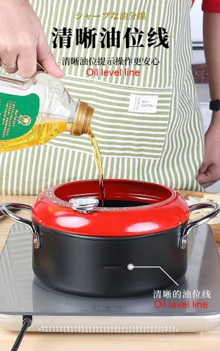 Vista 5 de Sartén con termómetro Tempura Freidora Pot, Mini sartén profunda con escurridor Mini Sartén profunda con sartén de aceite 8 pulgadas