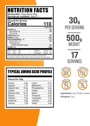 Vista 2 de BulkSupplements. com Polvo aislado de proteína de soja, polvo de proteína vegana, sin sabor, puro y sin gluten, 1.06 oz por porción, 17.64 oz
