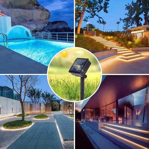 Vista 7 de Tira de luces LED solares para exteriores, impermeable, 10 pies, cinta cortable, iluminación de 3000 K, blanco cálido con 8 modos para valla
