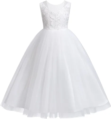 Vista 2 de IDOPIP Vestidos blancos de primera comunión para niñas, vestido largo de tul para boda, dama de honor, concurso, cumpleaños, bautizo, fiesta