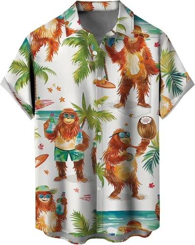 Vista 8 de Camisas tropicales con botones para hombre, camisas hawaianas de manga corta, casuales para vacaciones, camisas de playa holgadas Beige-playa escena