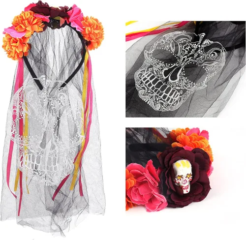 Vista 4 de KEPATO 2 diademas para el Día de los Muertos, corona de flores mexicanas con tatuaje facial para mujeres, Día de los Muertos