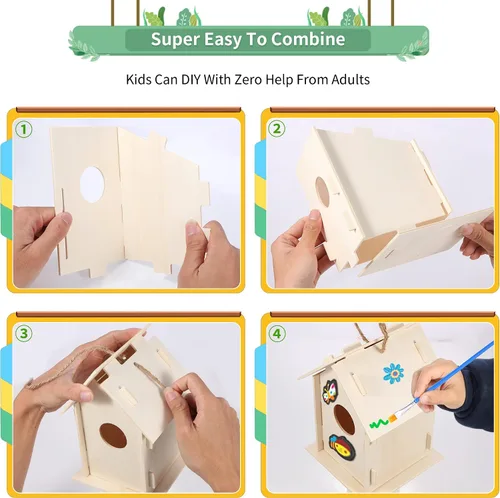 Vista 4 de ILHSTY Paquete de 6 casas de pájaros grandes de bricolaje para niños, manualidades para niños, casas de madera para manualidades, fiestas de clase
