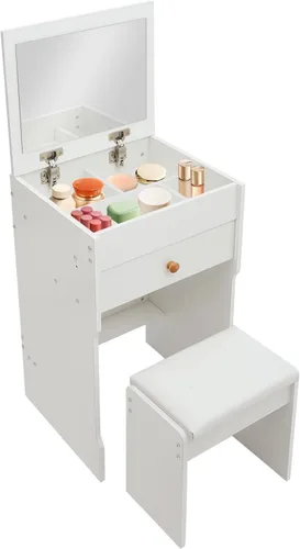 Vista 11 de Escritorio de tocador 3 en 1 con espejo, tocador compacto de 15.8 pulgadas con tapa abatible, mesa de maquillaje de nogal negro con taburete