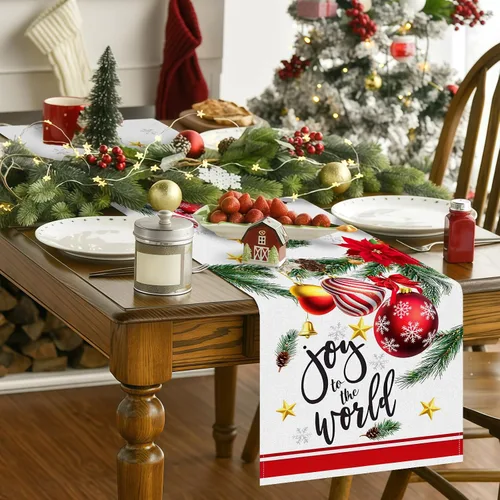 Vista 6 de Camino de mesa navideño de 72 x 13 pulgadas, diseño de adorno rojo con flor de pascua, ramas de pino y patrón de copo de nieve para cocina, mesa