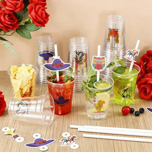 Vista 5 de MUOUAKATE Copas Derby desechables de plástico a granel, paquete de 100 vasos de 12 onzas Derby Clear Julep con pajitas de plástico y tarjetas