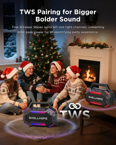 Vista 8 de ShellHome Altavoces Bluetooth 6.0 para exterior, altavoz potente de 80 W (máximo) con graves, 30 horas de reproducción, impermeable IPX6, luces RGB