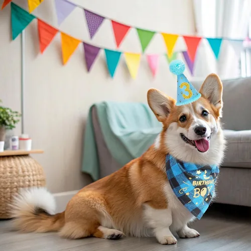 Vista 3 de Mihachi Suministros para fiestas de cumpleaños para perros, bandana y sombrero con número, bufanda triangular para regalo de decoración, perros