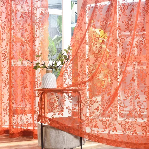 Vista 24 de FINECITY 2 paneles de cortinas de encaje beige de 36 pulgadas de largo con hojas florales rústicas, cortinas cortas y transparentes para ventana