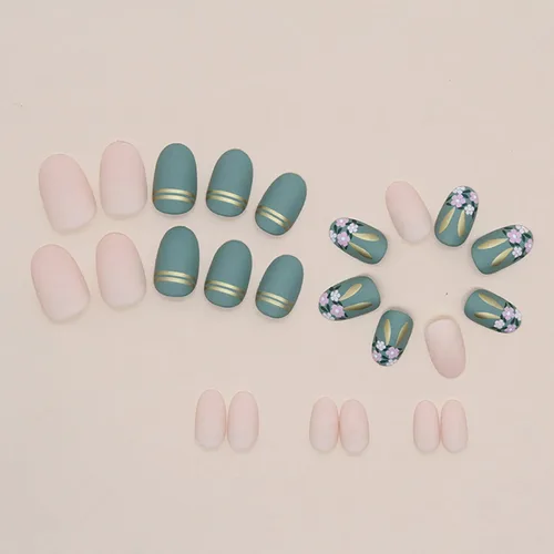 Vista 2 de Uñas postizas cortas ovaladas a presión, con forma de ataúd, reutilizables, uñas postizas adhesivas con línea dorada con purpurina y diseño