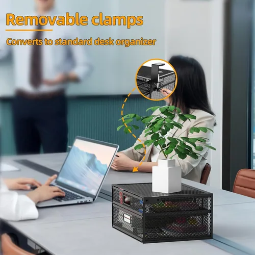 Vista 5 de Organizador de cajones para debajo del escritorio, sin taladrar debajo del escritorio, organizador de cajones de metal para debajo del escritorio
