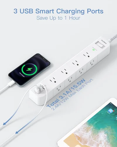 Vista 5 de One Beat Cable de extensión de 10 pies, regleta protectora de sobretensiones, 8 tomas de CA amplias, 3 USB, enchufe plano, estación de carga