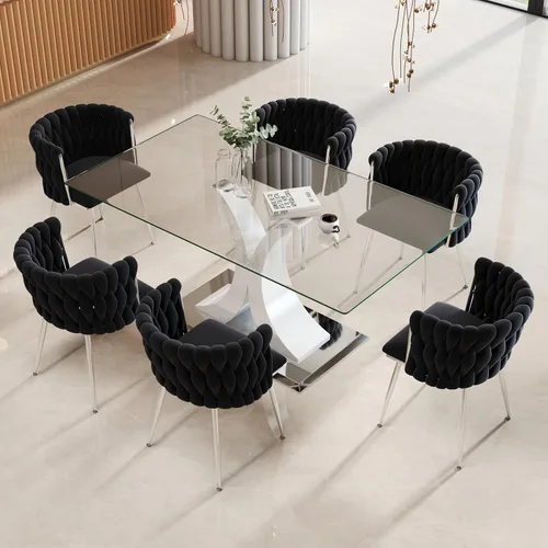 Vista 11 de Juego de comedor moderno de vidrio de lujo de 5 piezas, juego de cena rectangular minimalista grande para 4, juego de mesa de cocina de vidrio