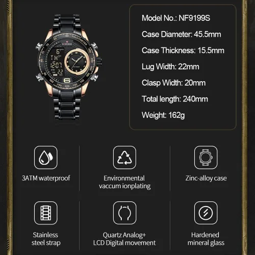 Vista 6 de NAVIFORCE Reloj para hombre, reloj de cuarzo digital de doble pantalla, multifuncional, de acero inoxidable