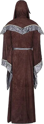 Vista 4 de Disfraz de bruja para hombre bata de brujo estilo medieval vintage renacentista con capucha capa