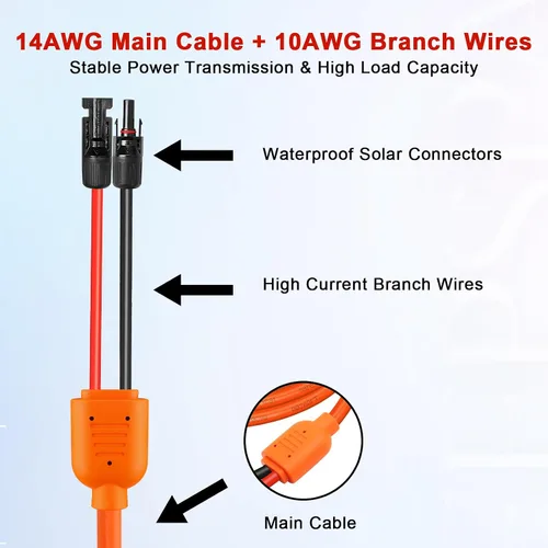 Vista 3 de XRDS -RF Cable de extensión solar de 5 pies, cobre estañado de 14AWG con conectores de panel solar, cables de derivación rojo y negro de 10AWG