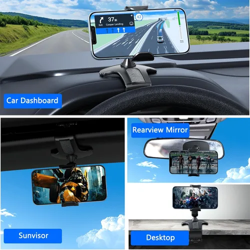 Vista 5 de Soporte para clip de teléfono para tablero de automóvil, soporte giratorio de 360° para volante de salpicadero compatible con teléfonos inteligentes
