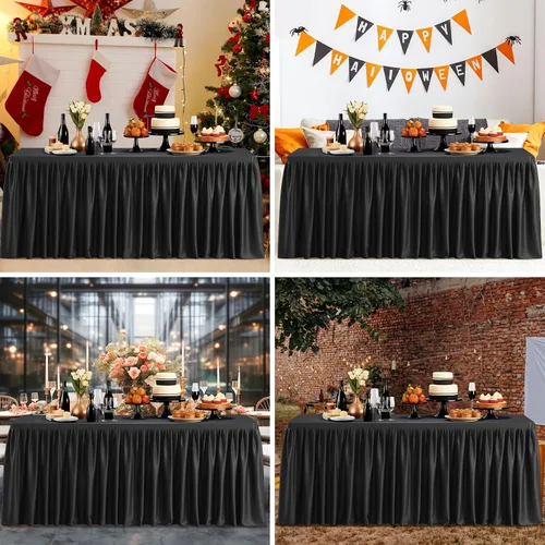 Vista 7 de Manteles de poliéster negro para mesas rectangulares de 4 pies, funda de mesa ajustada sin arrugas de 4 pies con falda para fiestas, bodas