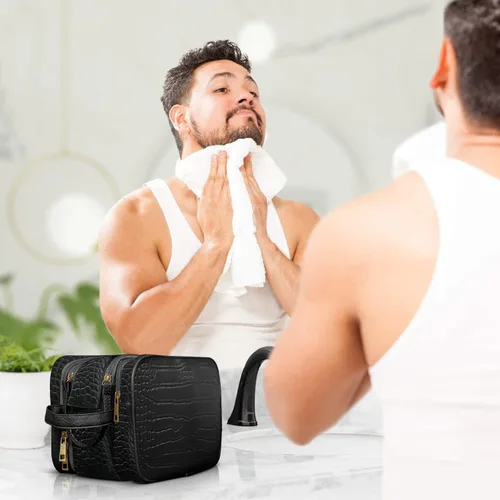 Vista 5 de Dot&Dot Neceser de cuero para hombres y mujeres – Espaciosas bolsas de artículos de tocador de viaje para mujer (cocodrilo negro)