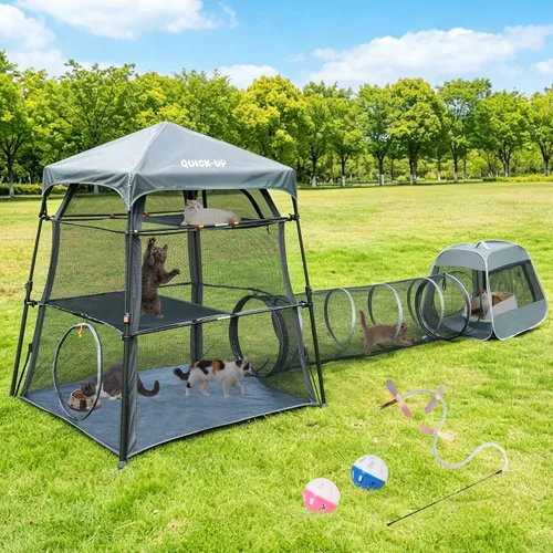 Vista 11 de Catio extragrande para gatos al aire libre, tienda de campaña 3 en 1 para gatos con túnel/cubo desplegable, catio portátil, tienda de campaña