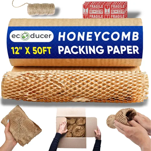 Vista 11 de Papel de embalaje de panal de 12 x 200 pies para mudanza, más calcomanías frágiles y cordel de yute. Materiales de embalaje ecológicos alternativos
