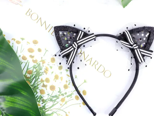Vista 3 de Bonnie Z. Leonardo Diadema gótica con orejas de gato 2023 con lazo para fiesta para mujer