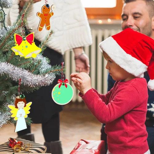 Vista 3 de OurWarm 48 adornos de Navidad de madera, 6 estilos de adornos de rebanadas de madera sin terminar, juego de adornos de Navidad con campanas