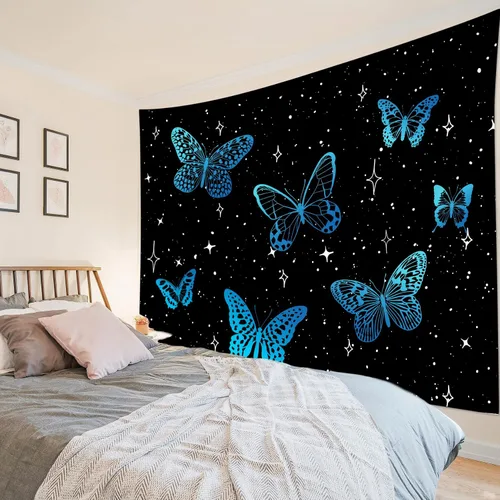 Vista 2 de HVEST Tapiz de mariposa para decoración de habitación, mariposas azules de fantasía en cielo estrellado, tapiz para colgar en la pared, tapiz negro