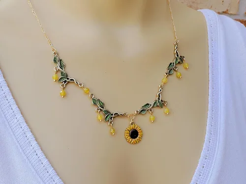 Vista 2 de Green Leaf and Sunflower Necklace w/Agate Bead Dangle - Hand Painted Sunny, Golden Yellow Flower and Leafy Green Necklace - Nature Colors Jewelry
