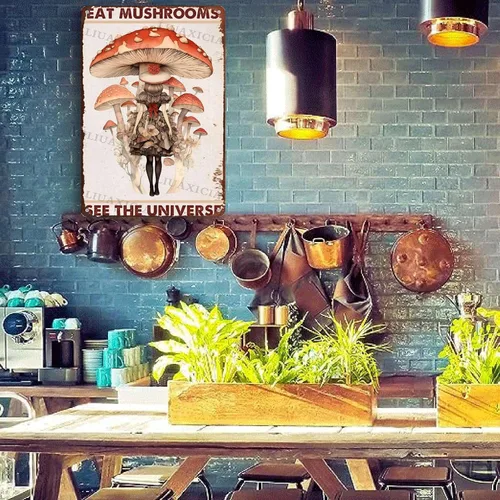 Vista 3 de Letrero retro de hojalata con texto en inglés "Eat Mushrooms See The Universe for Kitchen Bar Garage Decor 8.00"x12.00