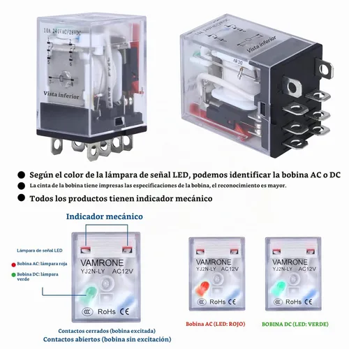 Vista 6 de Relé de potencia electromagnética, bobina de relé de CA de 8 pines 10A 12 con base de enchufe, indicador LED, DPDT 2NO 2NC - MY2NJ