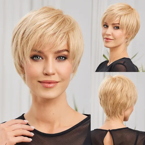 Vista 16 de HAIRCUBE Pelucas rubias de corte Pixie para mujer, estilo ondulado natural, peluca de encaje sintético resistente al calor con parte superior
