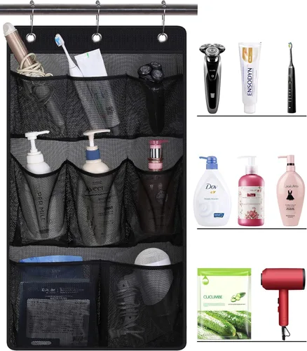 Vista 3 de KIMBORA Organizador de ducha de malla para colgar en el baño, con 2 bolsillos grandes, 3 anillos, barra de cortina colgante para dormitorio, Negro